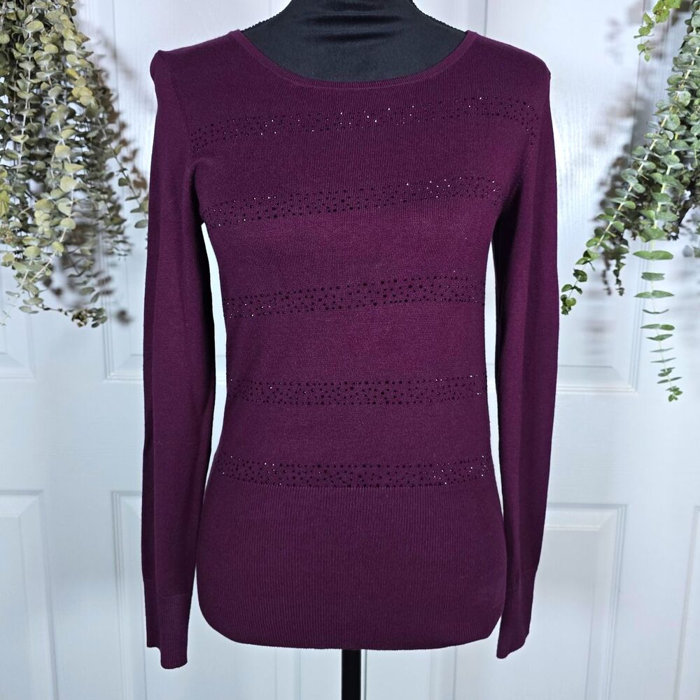 White House Black Market Purple Knit Scoop Neck Rhinestone Sweater XS